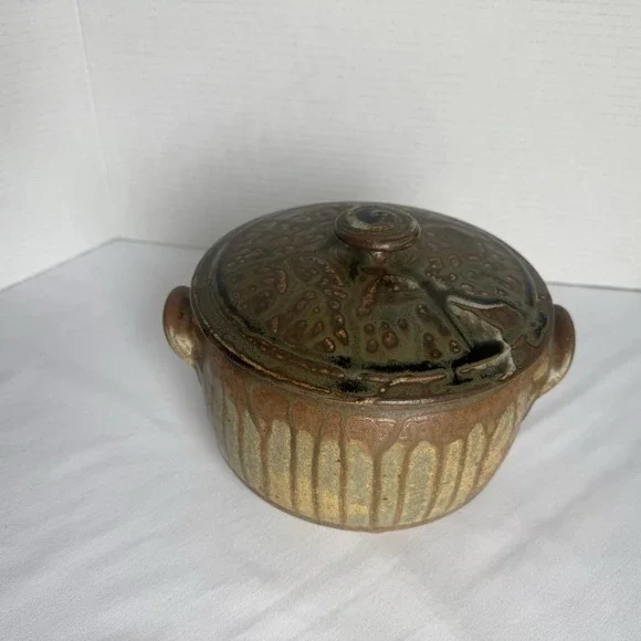 Studio Pottery Lidded Casserole Dish Signed Drip Glaze Earth Tone MCM Organic - Picture 8 of 12